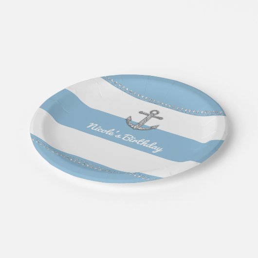 Cornflower Blue & White Stripes Diamant Anker Pappteller (Schrägansicht)