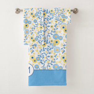 Cornflower Blue Yellow Floral Patterns Monogramm Badhandtuch Set