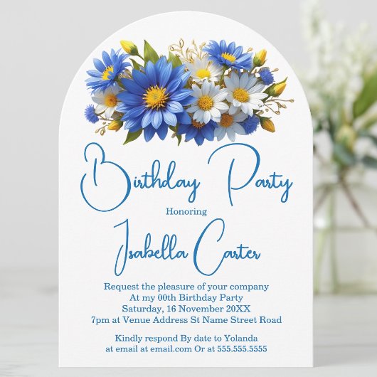Cornflower Blue Yellow White Birthday Floral Einladung