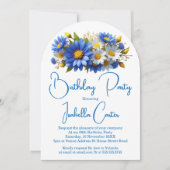 Cornflower Blue Yellow White Birthday Floral Einladung (Vorderseite)