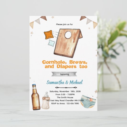 Cornhole and Beer Baby Shower Invitation Einladung (Stehend Vorderseite)