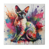 Cornish Rex Cat Farbiges Portrait Fliese (Vorderseite)