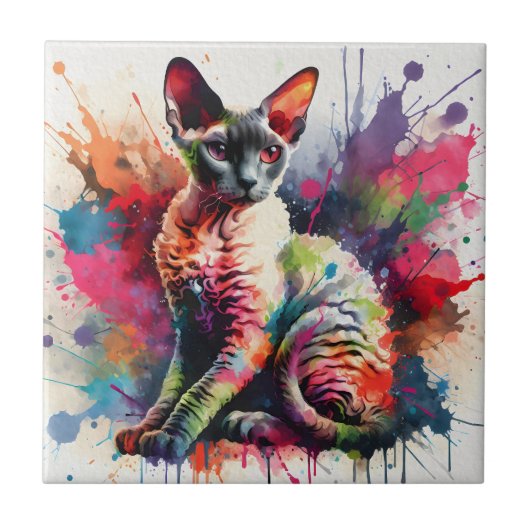 Cornish Rex Cat Farbiges Portrait Fliese (Vorderseite)