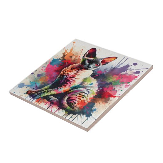 Cornish Rex Cat Farbiges Portrait Fliese (Seite)