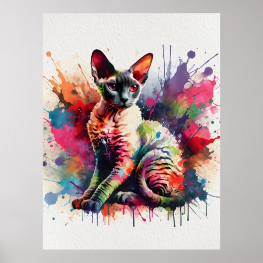 Cornish Rex Cat Farbiges Portrait Poster (Vorne)