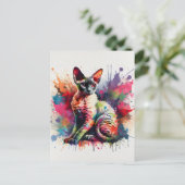 Cornish Rex Cat Farbiges Portrait Postkarte (Stehend Vorderseite)