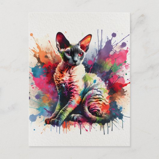 Cornish Rex Cat Farbiges Portrait Postkarte (Vorderseite)