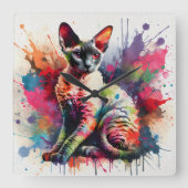Cornish Rex Cat Farbiges Portrait Quadratische Wanduhr (Vorderseite)