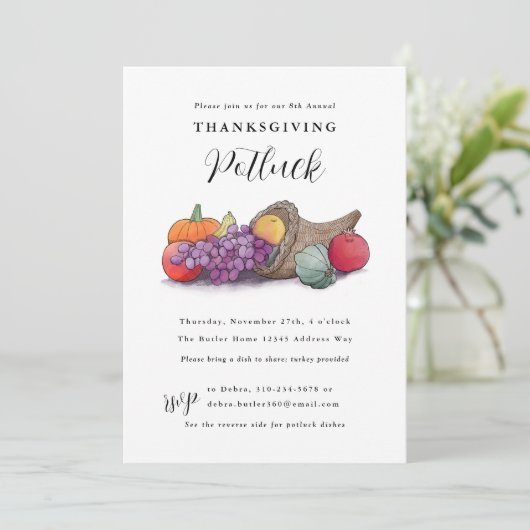 Cornucopia Erntedank Dinner Potluck Einladung (Stehend Vorderseite)