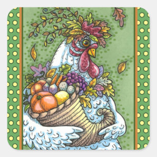 CORNUCOPIA HEN, ERNTEDANK CHICKEN FALL HARVEST QUADRATISCHER AUFKLEBER