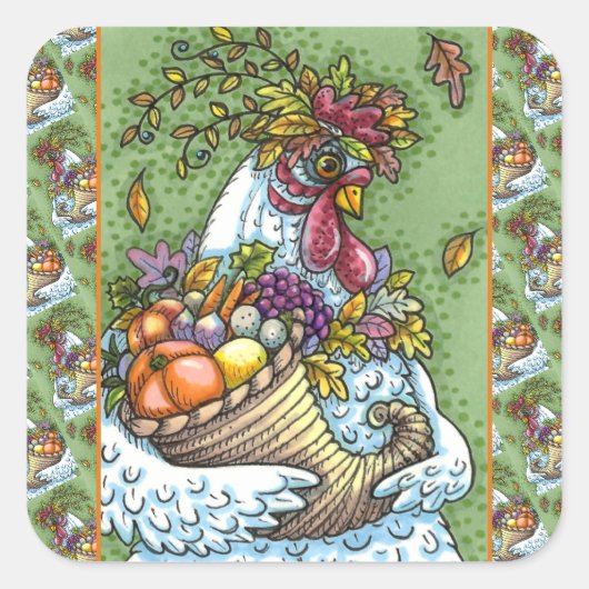 CORNUCOPIA HEN, ERNTEDANK CHICKEN HARVEST QUADRATISCHER AUFKLEBER (Vorderseite)