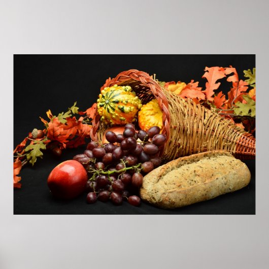 Cornucopia mit Früchten und Brot Poster (Vorne)