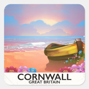 Cornwall Fischerboot Vintage Reiseplakat Quadratischer Aufkleber