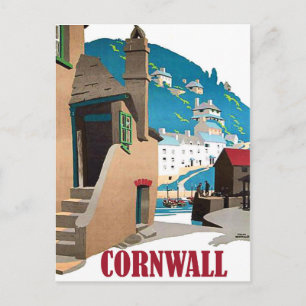 Cornwall, Hafen und Häuser auf dem Hügel, Vintage Postkarte