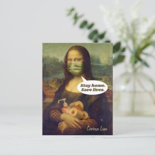 Corona Lisa (Mona Lisa) Bleibe Zuhause. Gerettet L Postkarte (Stehend Vorderseite)