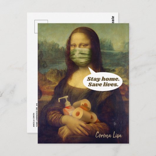 Corona Lisa (Mona Lisa) Bleibe Zuhause. Gerettet L Postkarte (Vorne/Hinten)