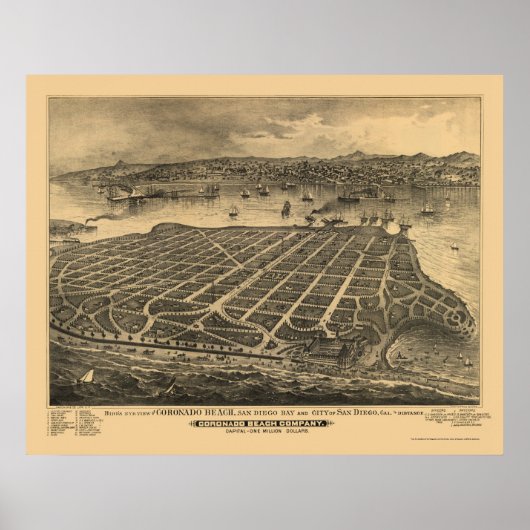 Coronado Beach, CA Panoramic Map - 1880s Poster (Vorne)