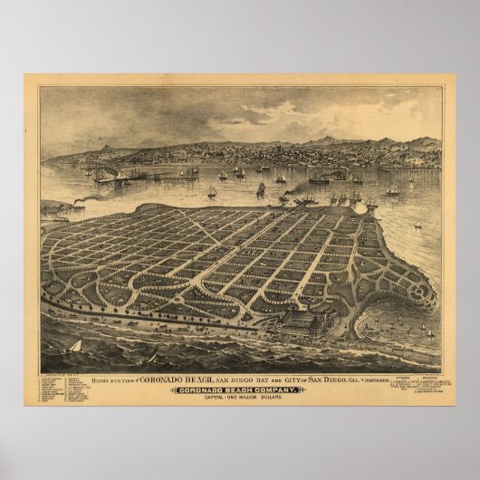Coronado California 1880s Antike Panoramakarte Poster (Vorne)