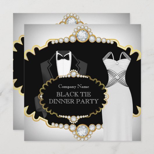 Corporate Black Krawatte Dinner Party White Gold Einladung (Vorne/Hinten)