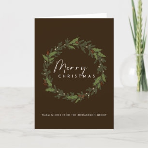 CORPORATE BROWN CHIC HOLLY BERRY WREATH CHRISTMAS KARTE