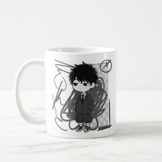 Corporate Burnout Relatable Chibi-Boy-Anzug-Illust Kaffeetasse (Links)