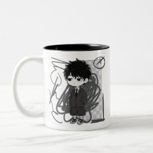 Corporate Burnout Relatable Chibi-Boy-Anzug-Illust Zweifarbige Tasse