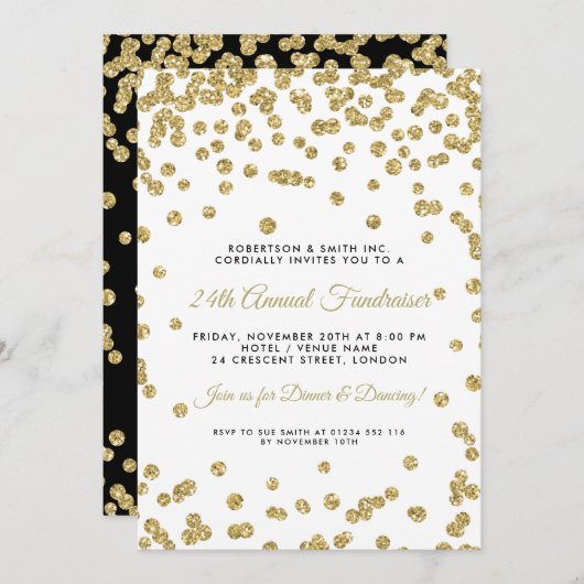 Corporate Fundraiser Dinner Gold Confetti Black Einladung (Vorne/Hinten)