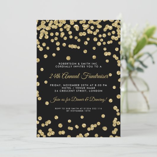 Corporate Fundraiser Dinner Gold Confetti Black Einladung (Stehend Vorderseite)