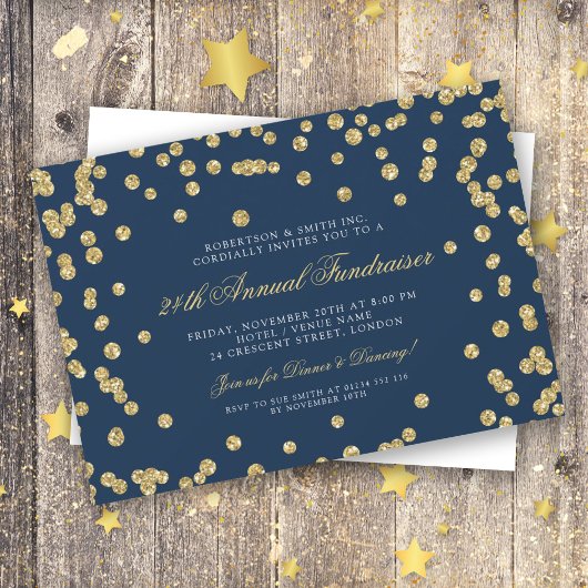 Corporate Fundraiser Dinner Gold Confetti Navy Blu Einladung