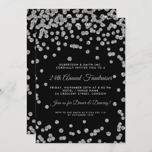 Corporate Fundraiser Dinner Silver Confetti Black Einladung (Vorne/Hinten)