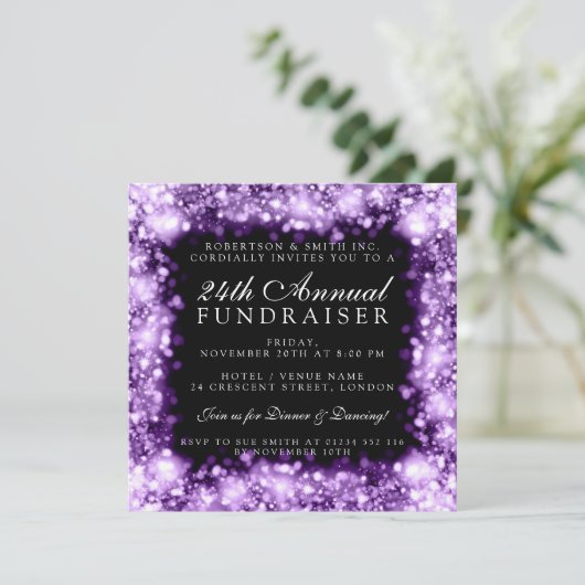 Corporate Fundraiser Gala Party Lila Sparkling Einladung (Stehend Vorderseite)