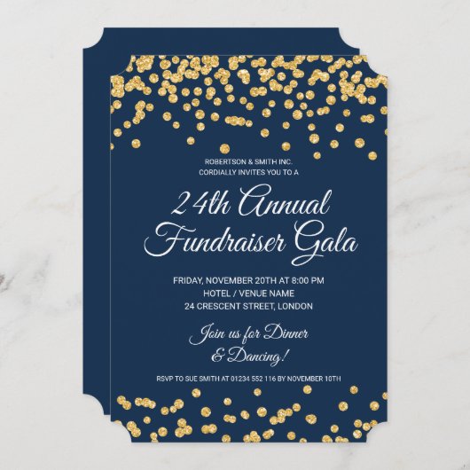 Corporate Fundraiser Gold Glitzer Confetti Navy Einladung (Vorne/Hinten)