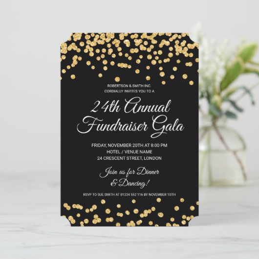 Corporate Fundraiser Party Gold Glitzer Confetti Einladung (Stehend Vorderseite)