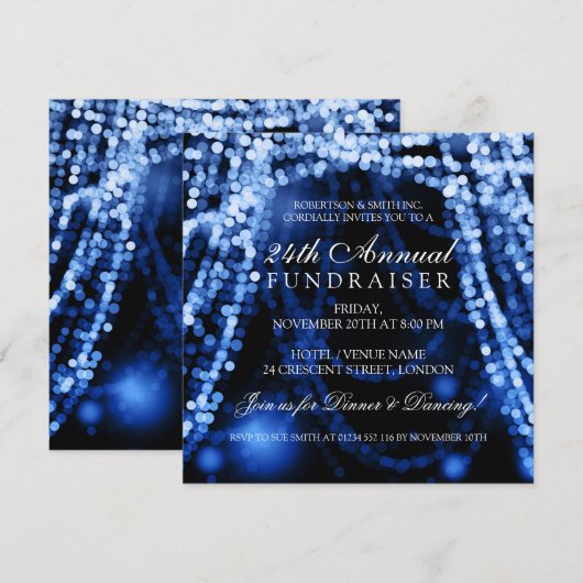 Corporate Fundraiser Party String Lights Blue Einladung (Vorne/Hinten)