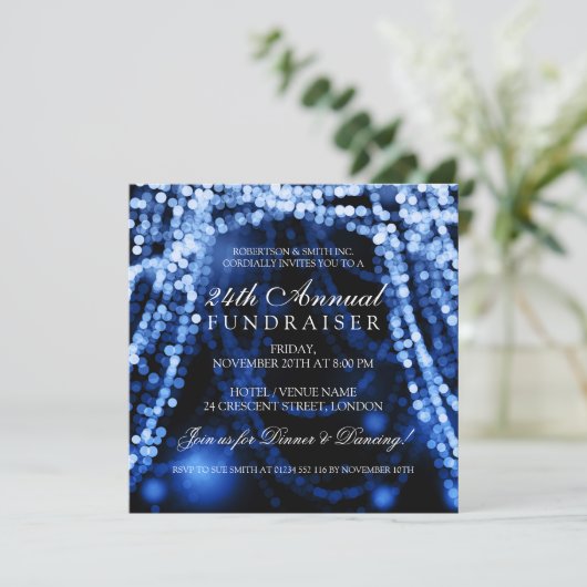 Corporate Fundraiser Party String Lights Blue Einladung (Stehend Vorderseite)