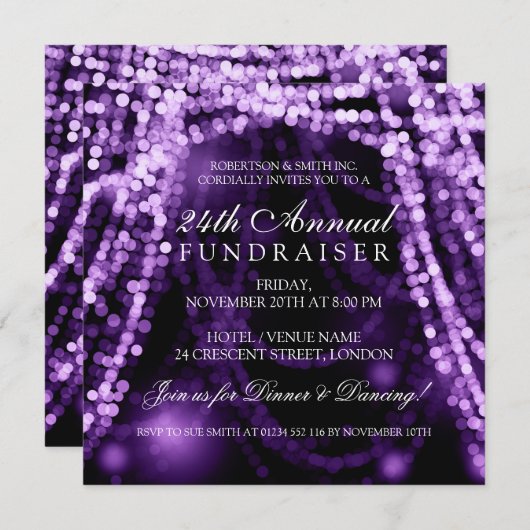 Corporate Fundraiser Party String Lights Lila Einladung (Vorne/Hinten)
