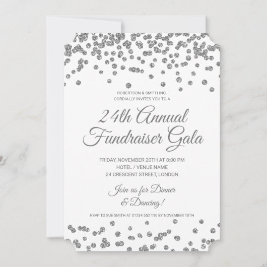 Corporate Fundraiser Silver Glitzer Confetti Einladung (Vorderseite)