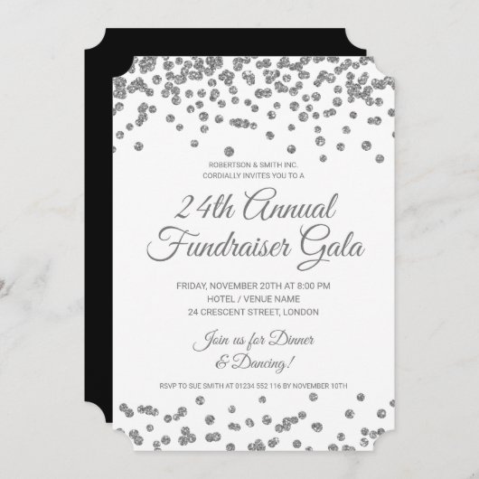 Corporate Fundraiser Silver Glitzer Confetti Einladung (Vorne/Hinten)