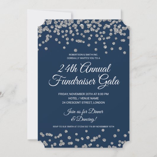 Corporate Fundraiser Silver Glitzer Confetti Navy Einladung (Vorderseite)
