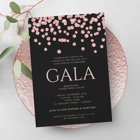 Corporate Gala Rose Gold Schwarzer Glitzer Confett Einladung