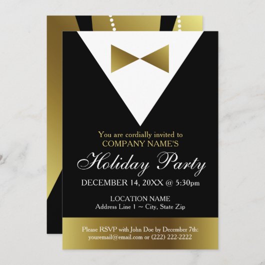 Corporate Holiday Party | Black and Gold Tuxedo Einladung (Vorne/Hinten)