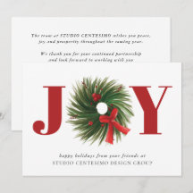 Corporate JOY Watercolor Wreath Red Holiday Card
