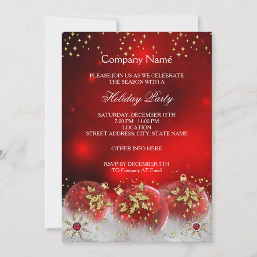 Corporate Red Gold Baubles Weihnachtsfeier Einladung (Vorderseite)