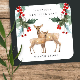 CORPORATE RED GREEN HOLLY BERRY DEER DUO NEUJAHR QUADRATISCHER AUFKLEBER