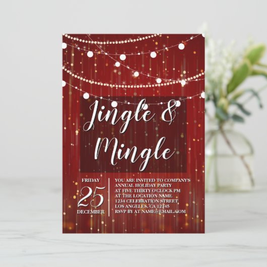 Corporate Red String Lights Jingle und Mingle Einladung (Stehend Vorderseite)