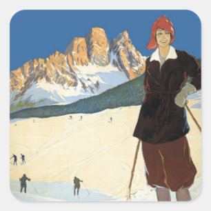 Cortina d'Ampezzo, Italien, Vintage-Reise Ski Alpe Quadratischer Aufkleber
