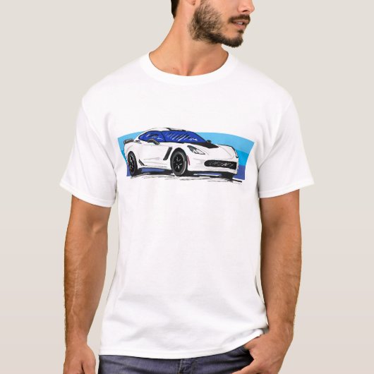 Corvette C7 Weißer Sportscar mit blauem Streifen T-Shirt (Vorderseite)