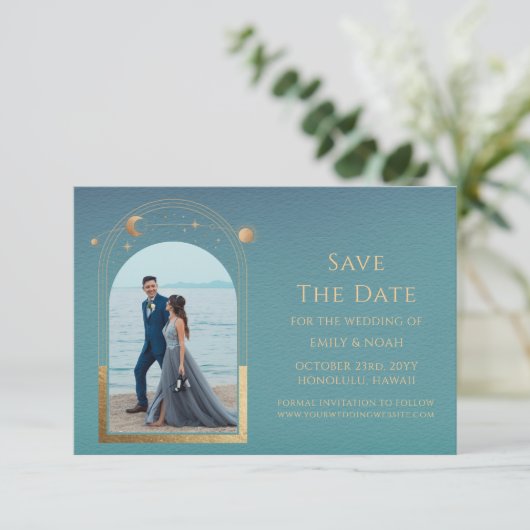 Cosmic Aquamarin Gold Sun Moon Astronomie Space Save The Date (Stehend Vorderseite)