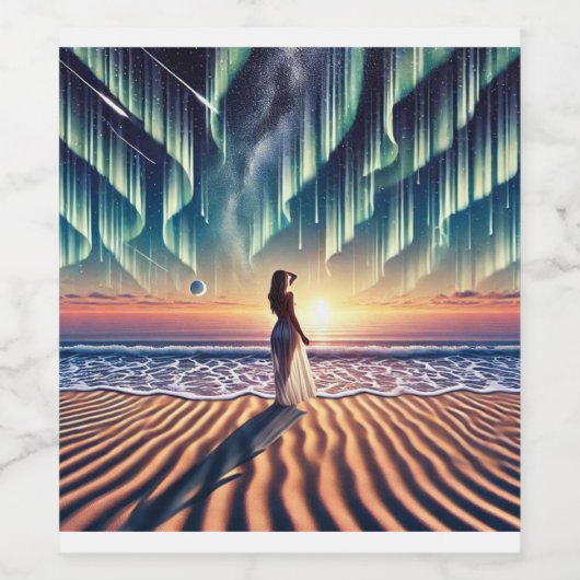 Cosmic Beachscape: Aurora Dreaming 3-D optische Il Weinetikett (Einzelnes Label)
