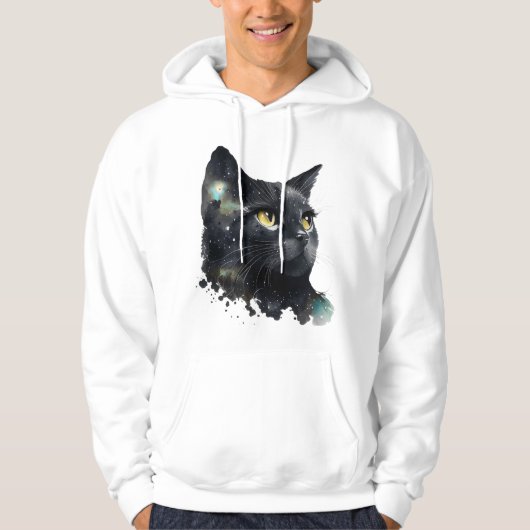 Cosmic Black Cat Watercolor T-Shirt – Artistic Gal Hoodie (Vorderseite)